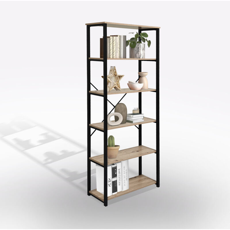 foto del prodotto bissolo casa libreria in laminato e metallo cm 80x30 h. 180 rovere nodato e nero