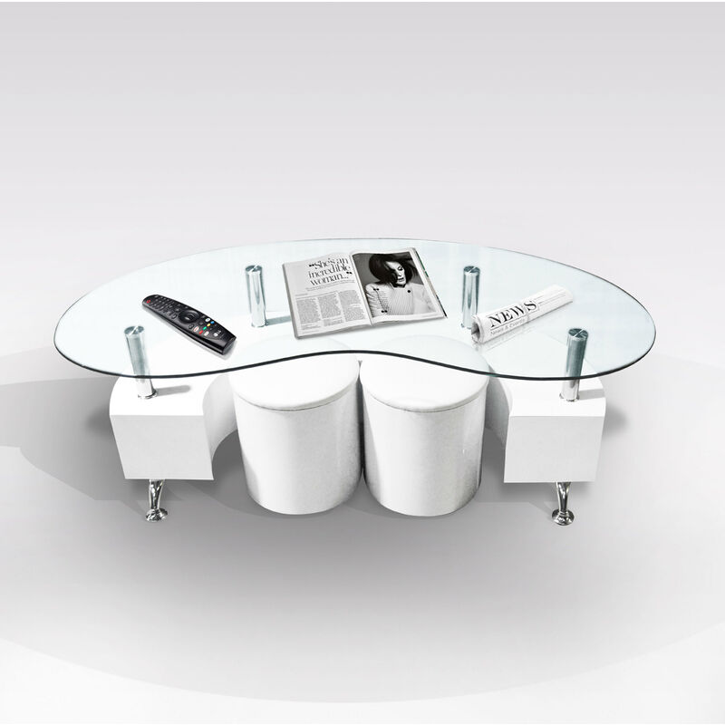 foto del prodotto bissolo casa tavolino in laminato bianco larice e piano in vetro cm 130x70 h. 45 con 2 pouff