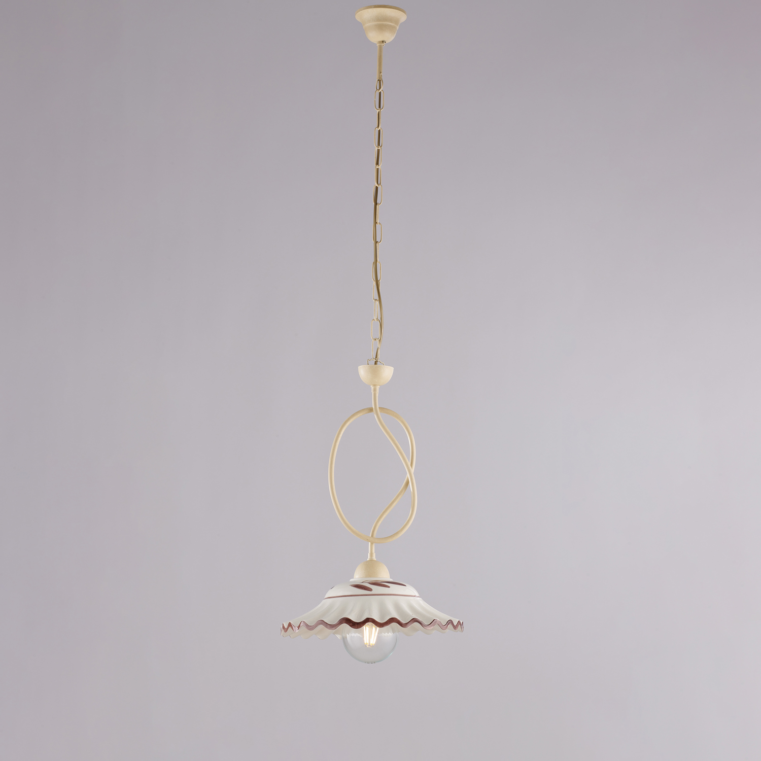 foto del prodotto bistrot lampadario in ferro laccato avorio e decoraz. effetto decapè con diffusore in ceramica d. 30 bianco e marrone 1 luce 105 ø30