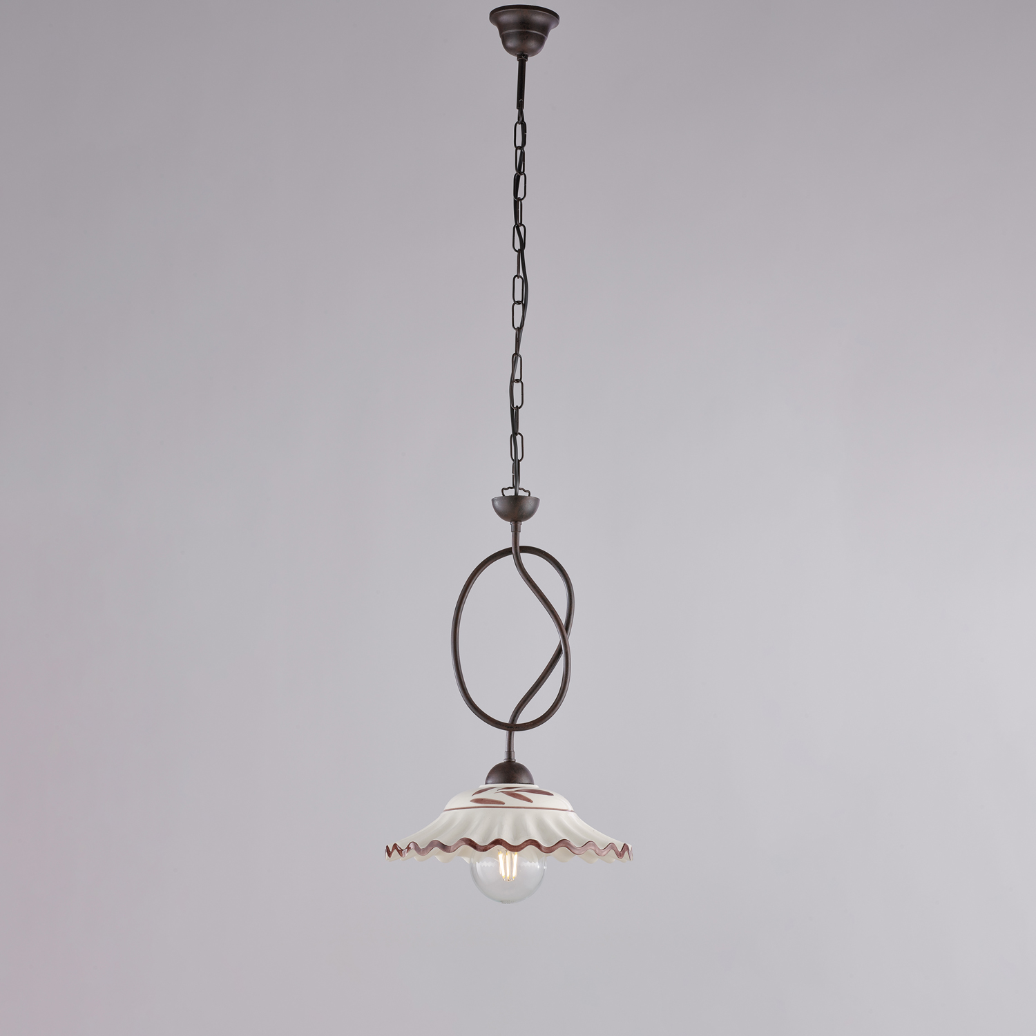 foto del prodotto bistrot lampadario in ferro laccato nero e decoraz. effetto ruggine con diffusore in ceramica d. 30 bianco e marrone 1 luce 105 30