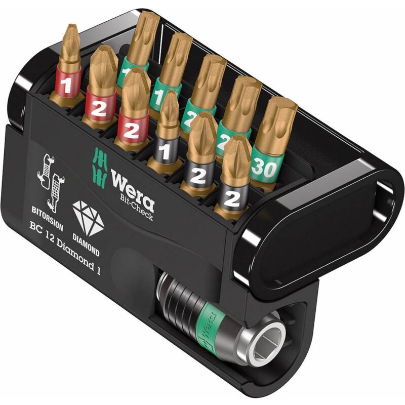 foto del prodotto bit check 12 diamond 1 05057421001 kit inserti 12 parti croce pozidriv, croce phillips, torx interno bitorsion wera