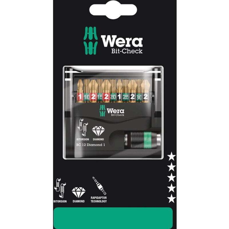 foto del prodotto bit check 12 diamond 1 sb 05136392001 kit inserti 1 4 6.3 mm incl. porta inserti wera