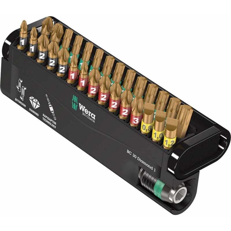 foto del prodotto bit check 30 diamond 1 05057431001 kit inserti 30 parti taglio, croce pozidriv, croce phillips, torx interno bitor wera