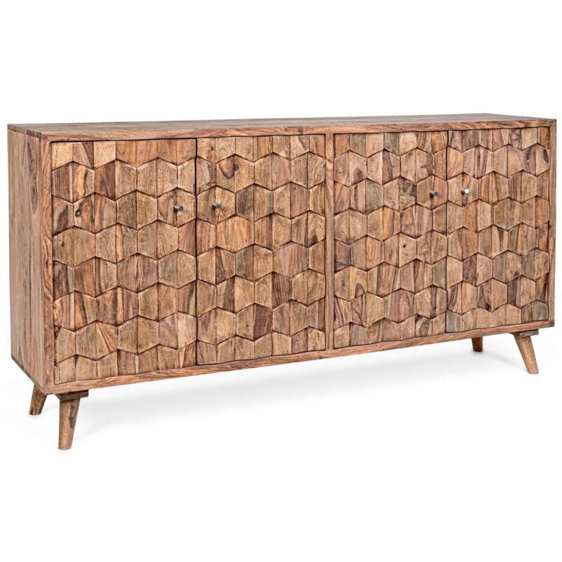 foto del prodotto bizzotto credenza kant con struttura e gambe in legno sheesham, mobile in stile vintage 3 ante 3 cassetti