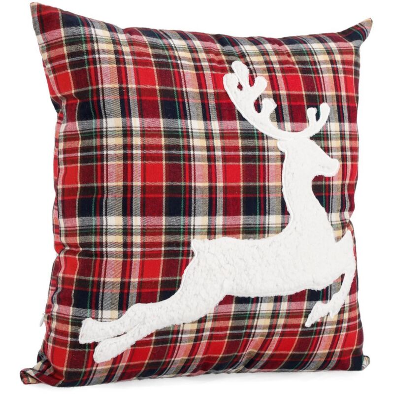 foto del prodotto bizzotto cuscino scozzese tartan rosso in poliestere per decorazioni natalizie 45x45 con renna