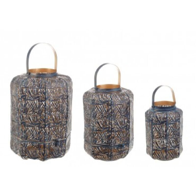 foto del prodotto bizzotto set 3 lanterne kaylie bomb blu e nero in metallo da esterno 14.5x23.5h. 19.5x31h. 26x38.5h