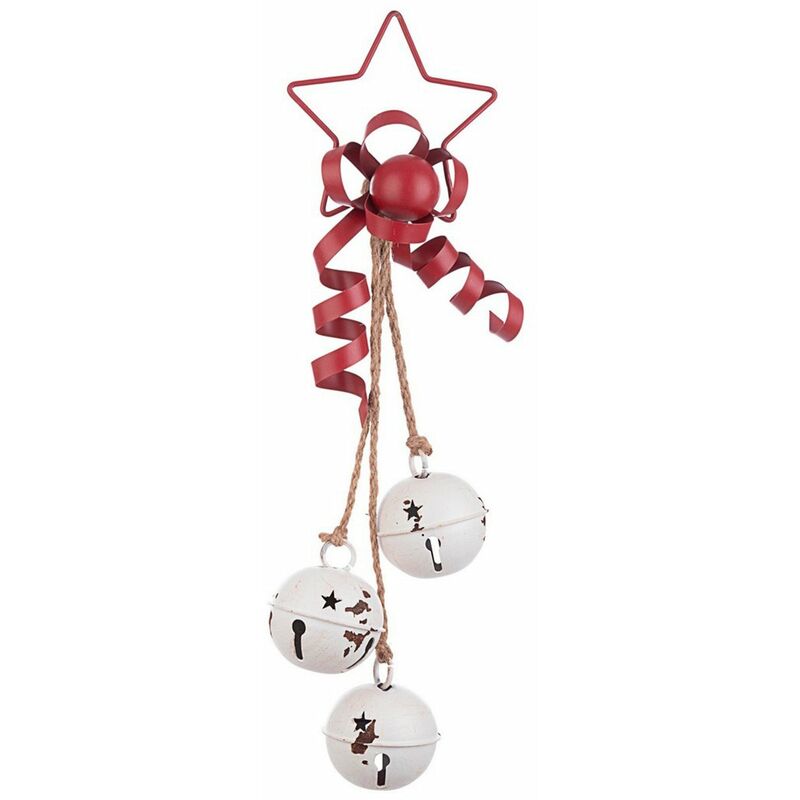 foto del prodotto bizzotto stella con nastro e campanellini pendaglio natalizio bianco e rosso h 48 cm