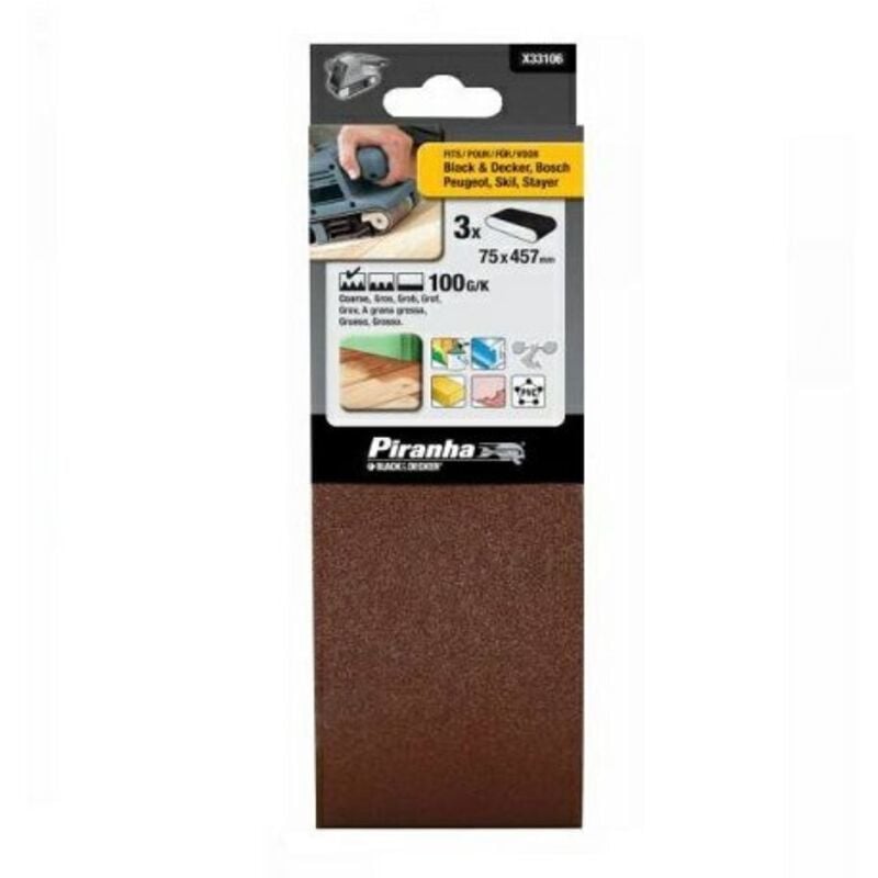 foto del prodotto black&amp;decker - piranha - 3 pezzi - nastri abrasivi 75x457mm per levigatrici a nstro - grana 100