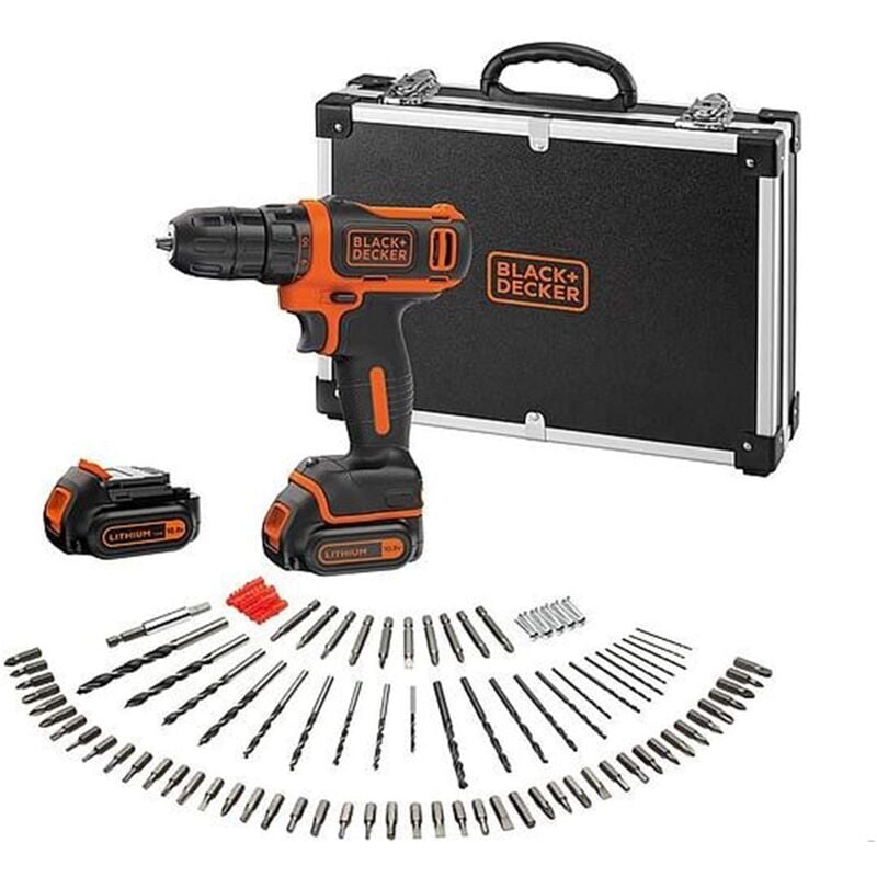 foto del prodotto black decker bdcdd12bafc qw trapano avvitatore a batteria 10.8v 26 nm con batterie incluse di 1.5 ah caricabatterie set accessori 100 pz. 