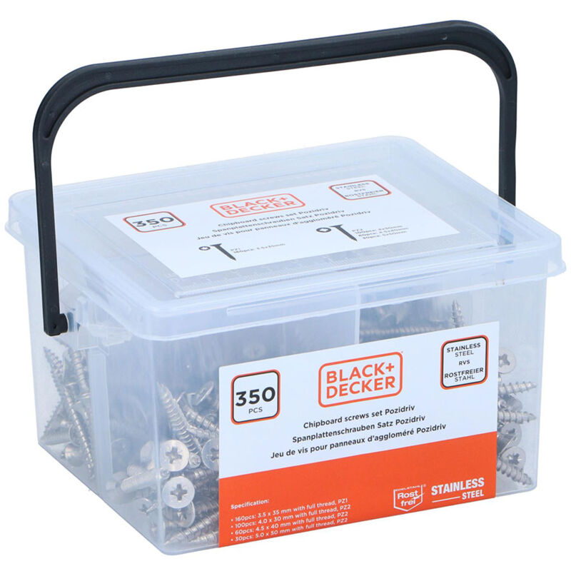 foto del prodotto black decker black decker viti per pannelli truciolari, set de viti 350 pz, 3,5 x 35, 4 x 30, 4,5 x 40, 5 x 50 mm, acciaio inox, colore argento