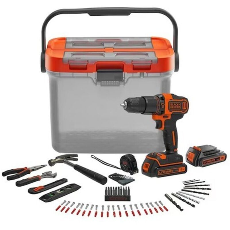 foto del prodotto black decker kit brico trapano 18v black dekker con 2 batterie da 1,5ah, 6 utensili, 60 accessori, 12 chiavi e scatola bcksb04 qw