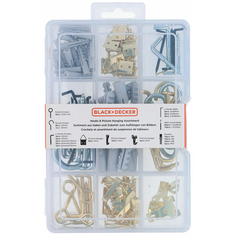 foto del prodotto black decker set di ganci, bulloni ad occhio e appendiabiti 198 pezzi