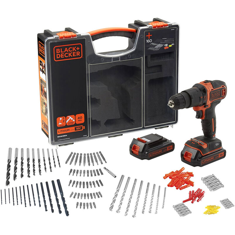 foto del prodotto black decker set trapano a percussione 18v 1.5ah con 2 batterie litio e 160 accessori