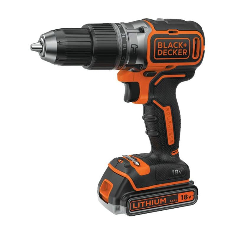 foto del prodotto black decker trapano a percussione senza filo da 18v con 2 batterie da 2,5ah, velocit variabile, 2 ingranaggi, coppia di 52nm, powerconnect,