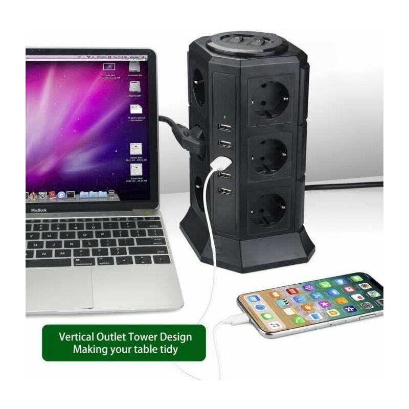 foto del prodotto bleosan protezione da sovratensione per ciabatta a torre 12 prese con 5 porte usb 4.5a cavo da 2 m nero