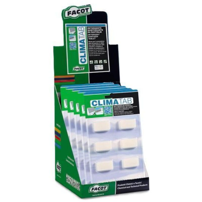 foto del prodotto blister 8 pastiglie sanificanti per scarichi condensa climatizzatori anti alghe antibatterico h.a.c.c.p. facot climatab clitabli8e