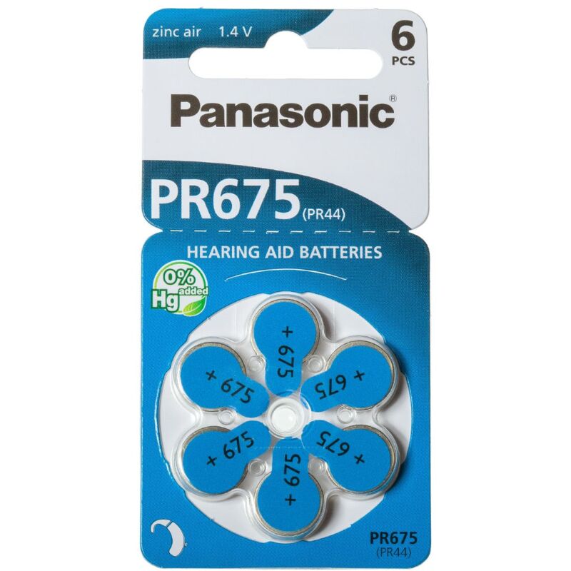 foto del prodotto blister da 6 pile a bottone zinco aria 1,4v panasonic da675, pr44, pr675