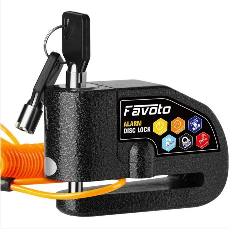 foto del prodotto blocca disco antifurto per moto, blocca disco con allarme da 110 db, scooter, bici, 2 chiavi 1 chiave a l batterie di ricambio cavo promemoria,