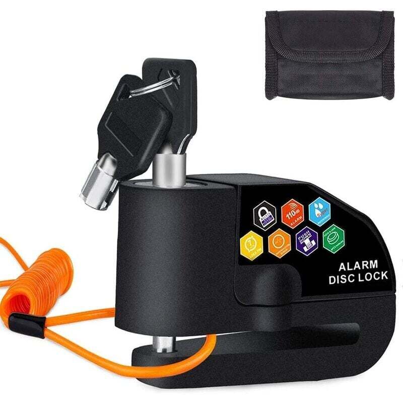 foto del prodotto bloccadisco antifurto per moto con allarme, bloccadisco da 110 db per moto, biciclette e scooter nero 