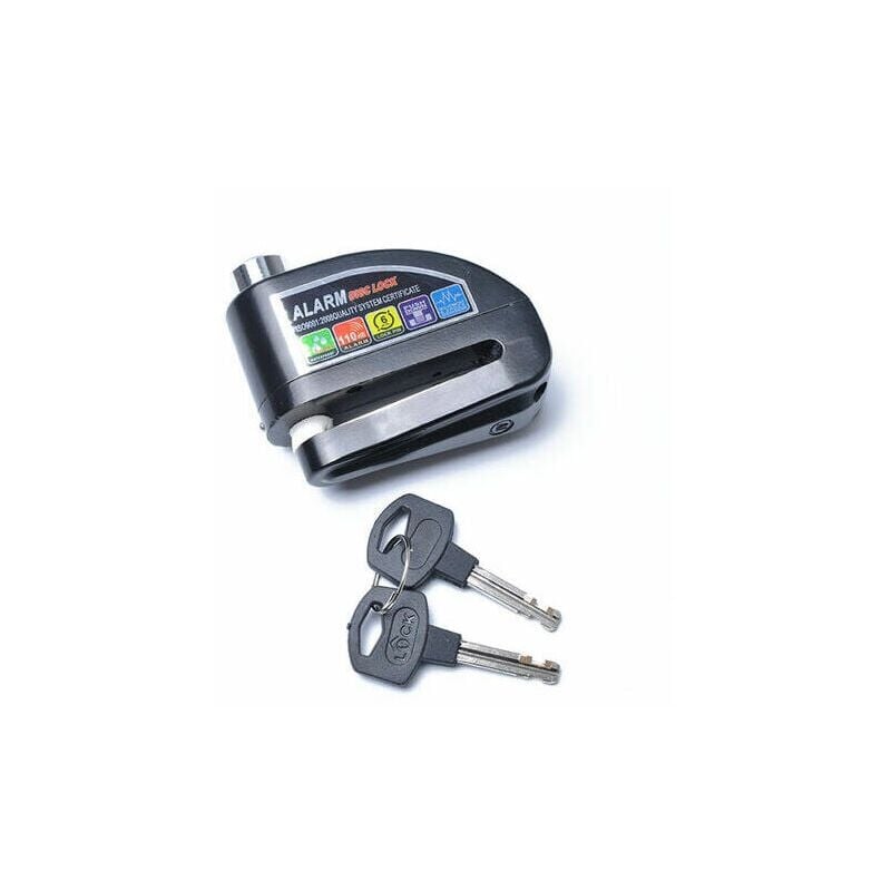 foto del prodotto bloccadisco per moto con allarme da 110 db, bloccadisco per scooter, allarme per moto bici scooter, 2 chiavi, nero