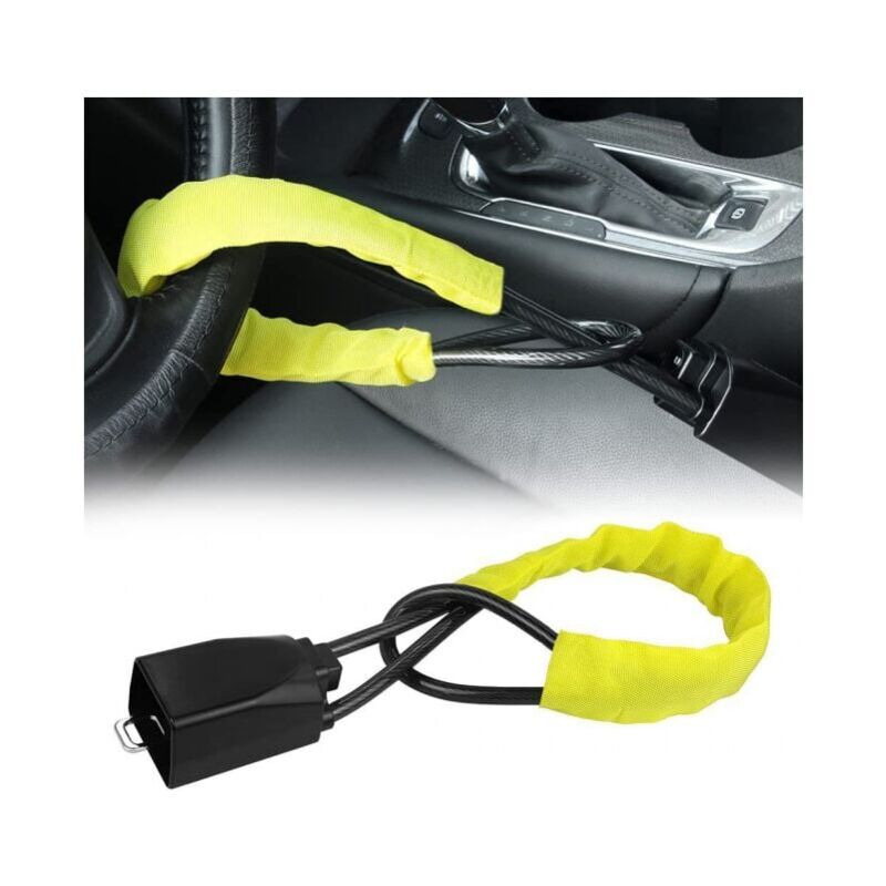 foto del prodotto bloccasterzo giallo , antifurto universale per veicoli, camper, furgoni, camion e suv. robusto, universale, 2 chiavi.