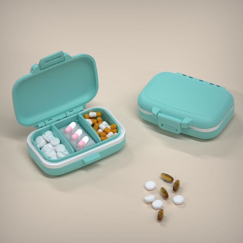 foto del prodotto blu piccolo portapillole con 3 scomparti, portapillole portatile, portapillole a prova di umidità, portapillole con dispenser di vitamine per viaggi
