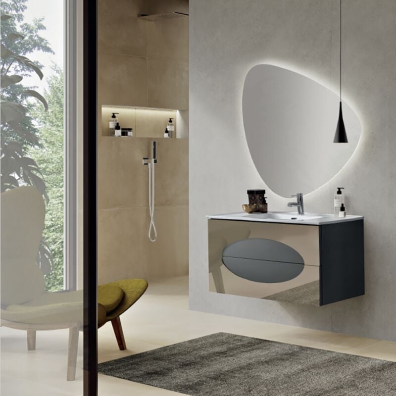 foto del prodotto bluelife mobile bagno sospeso base 100 lia antracite con inserti in vetro specchio bronzo e lavabo