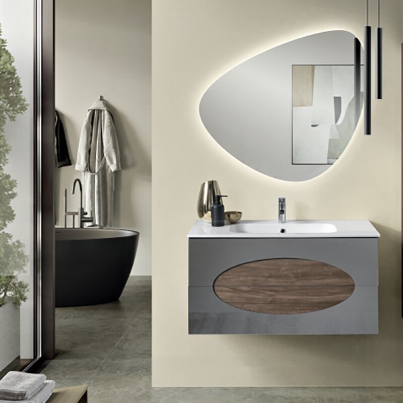 foto del prodotto bluelife mobile bagno sospeso base 100 lia noce con inserti in vetro specchio fume e lavabo