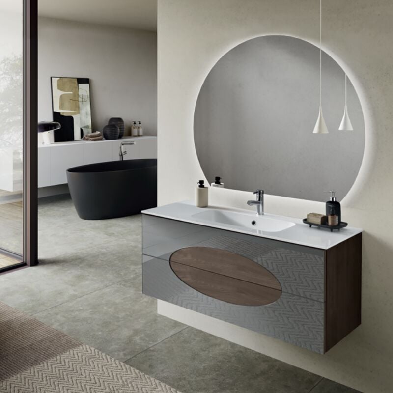 foto del prodotto bluelife mobile bagno sospeso base 120 lia noce con inserti in vetro specchio fume e lavabo