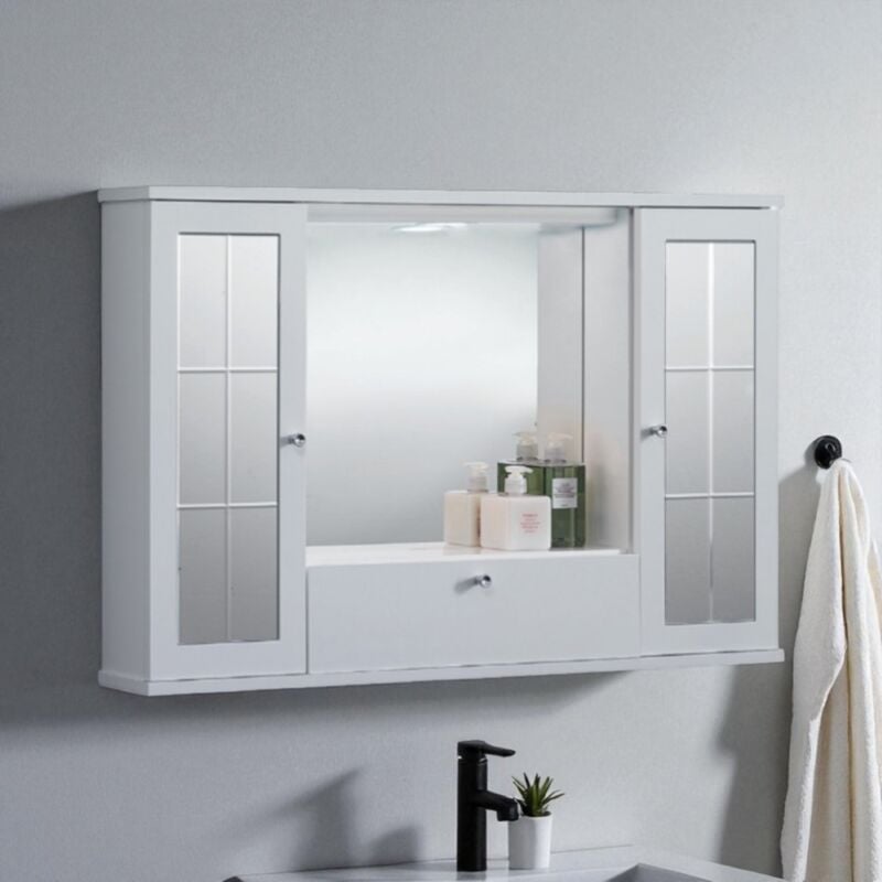 foto del prodotto bluelife - specchiera mobile contenitore da bagno mercurio 80 bianco lucido a 2 ante con specchi e luce led