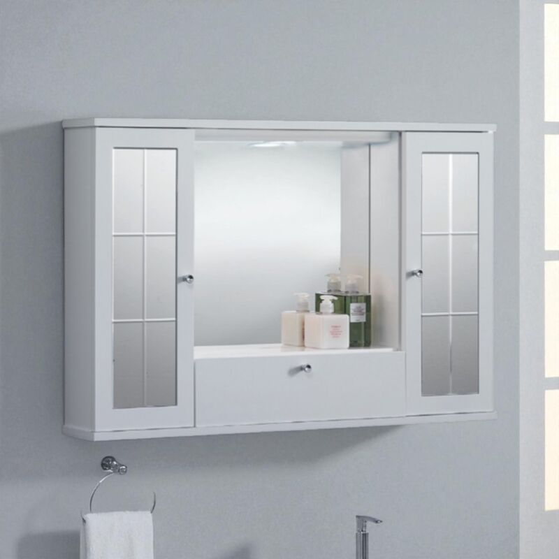 foto del prodotto bluelife - specchiera mobile contenitore da bagno mercurio 90 bianco lucido a 2 ante con specchi e luce led