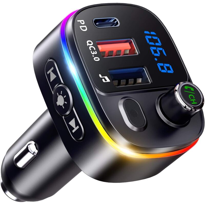foto del prodotto bluetooth per auto, qc3.0 e pd18w usb c trasmettitore fm bluetooth 5.3 con chiamata in vivavoce, adattatore bluetooth per auto supporto stereo per