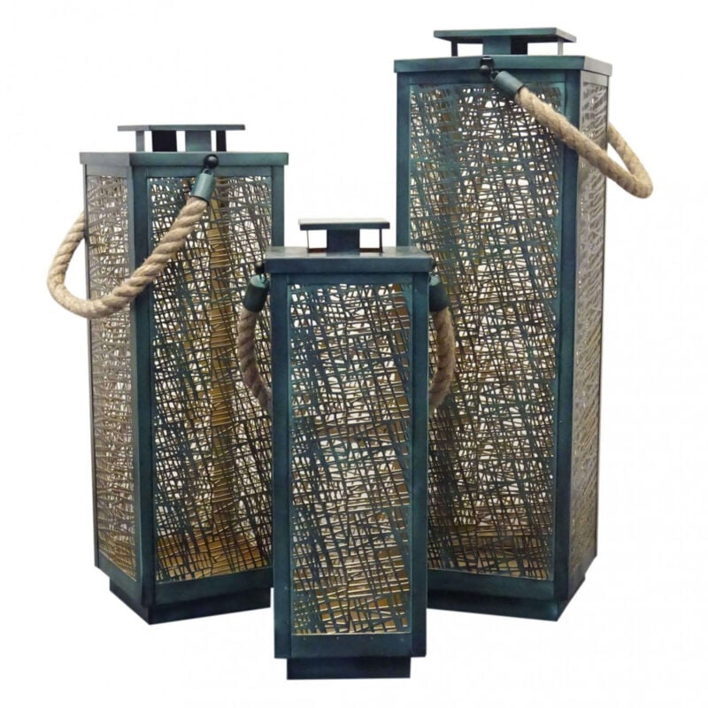 foto del prodotto bob gardens set di 3 lanterne in acciaio cm 20x20x69 ludo colore verde