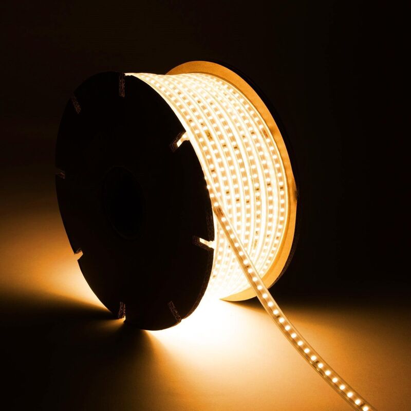 foto del prodotto bobina 50m striscia led regolabile 220v smd 120 led m 7.5w m 750lm m larga 12mm ip65 taglio 20 100cm 2700k bianco caldo