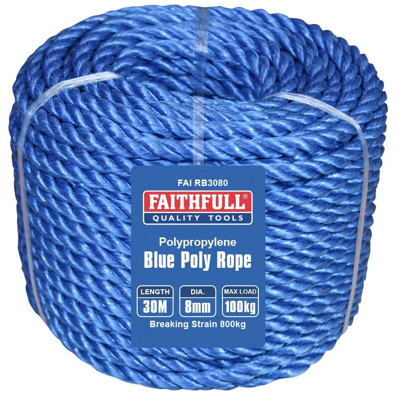 foto del prodotto bobina di corda in poliestere blu fairb3080, diametro 8 mm x 30 m, carico massimo 100 kg, carico di rottura 800 kg faithfull