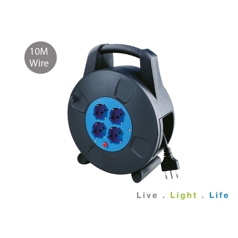 foto del prodotto bobina prolunga cavo elettrico con avvolgicavo 10 metri con spina 16a e 4 prese bipasso schuko con protezione termica ripristinabile 3x1.5 mmq sku 8701