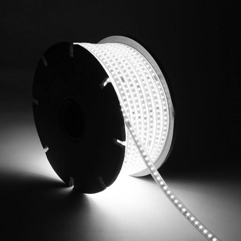 foto del prodotto bobina striscia led regolabile 220v smd2835 120led m 750 lm m larghezza 12mm 50m ip65 bianco freddo 6000k
