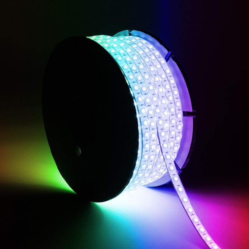 foto del prodotto bobina striscia led rgb 220v ac smd5050 silicone flex 50m 60 led m ip67 larghezza 12mm taglio ad ogni 100 cm senza telecomando
