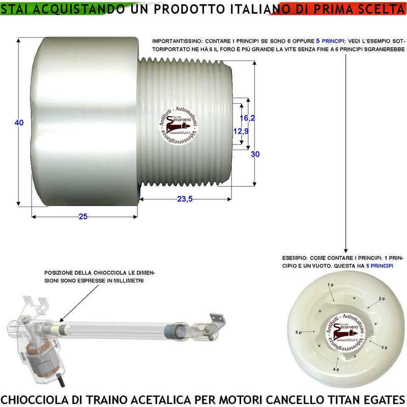 foto del prodotto boccola 5 principi trainata dalla vite senza fine fa scorrere avanti dietro lo stelo apricancello dei pistoni titan chiocciola acetalica ricambio dei