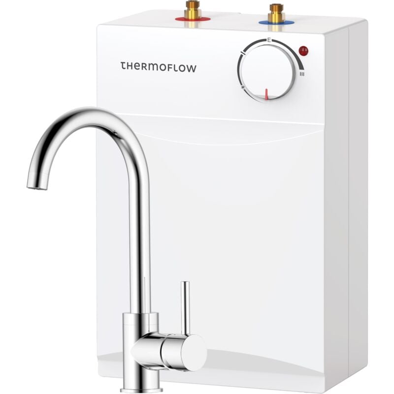 foto del prodotto boiler con serbatoio dell acqua calda da 5 l sotto il tavolo pronto per il collegamento raccordo thermoflow da 2 kw