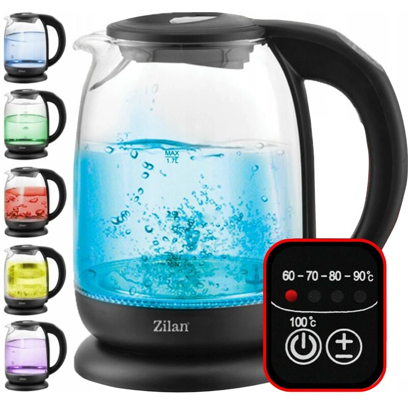 foto del prodotto bollitore con corpo in vetro borosilicato alto, spegnimento automatico con led con diversi colori dei led, 1,7lt, 5 diverse impostazioni di