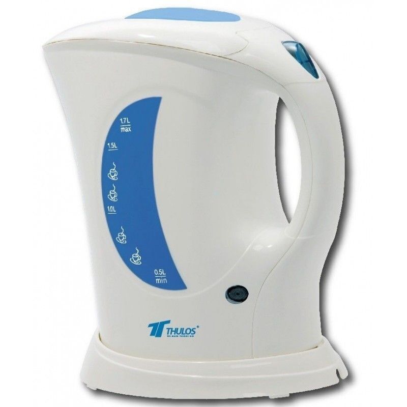 foto del prodotto bollitore elettrico bianco 1,7 litri, senza fili, resistenza in acciaio inossidabile.