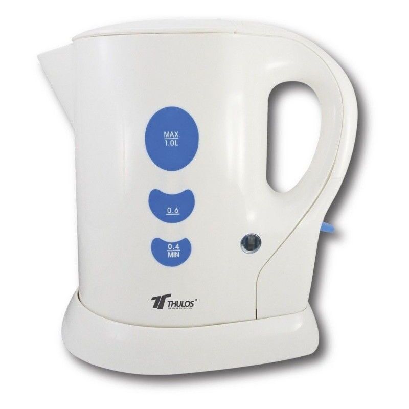 foto del prodotto bollitore elettrico bianco 1 litri 900w, senza fili, resistenza in acciaio inossidabile.