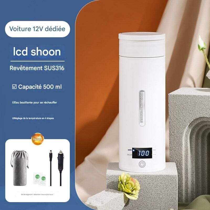 foto del prodotto bollitore elettrico portatile per auto da 500 ml, in acciaio inossidabile 316, spegnimento automatico, anti-bruciatura, controllo della temperatura,