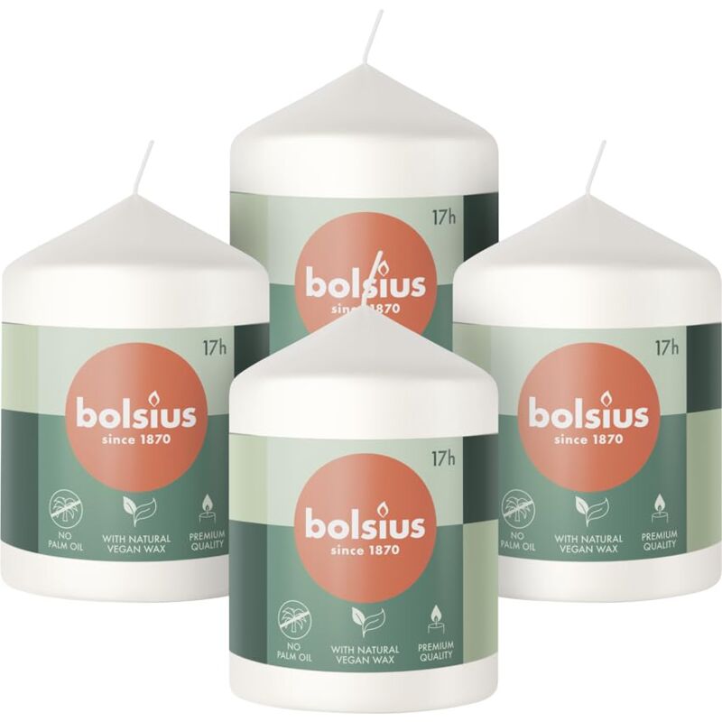 foto del prodotto bolsius candele a colonna bianco confezione da 4 8 x 6 cm lunga durata di 17 ore non profumate cera vegana naturale senza olio di