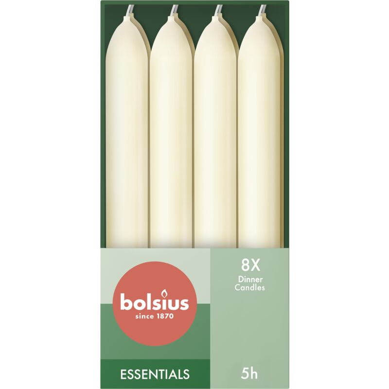 foto del prodotto bolsius candele affusolate per cena avorio confezione da 8 17 cm lunga durata di 5 ore non profumate cera vegana naturale senza olio di