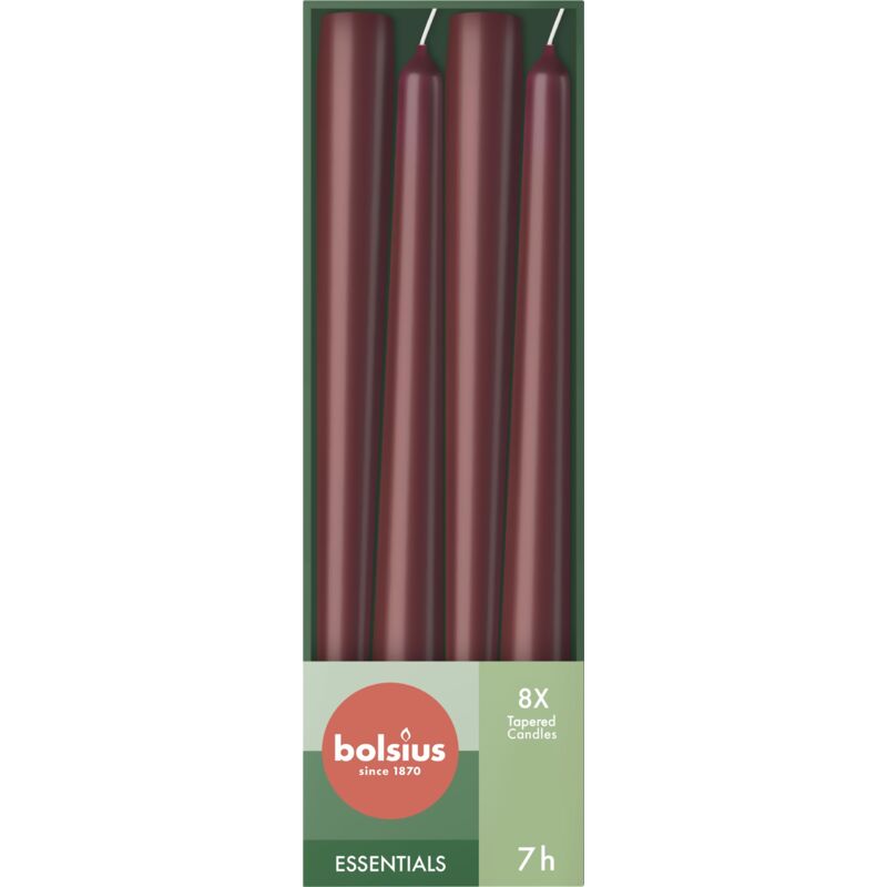 foto del prodotto bolsius candele affusolate rosso scuro confezione da 8 24,5 cm durata di 7 ore non profumate cera vegana naturale senza olio di palma