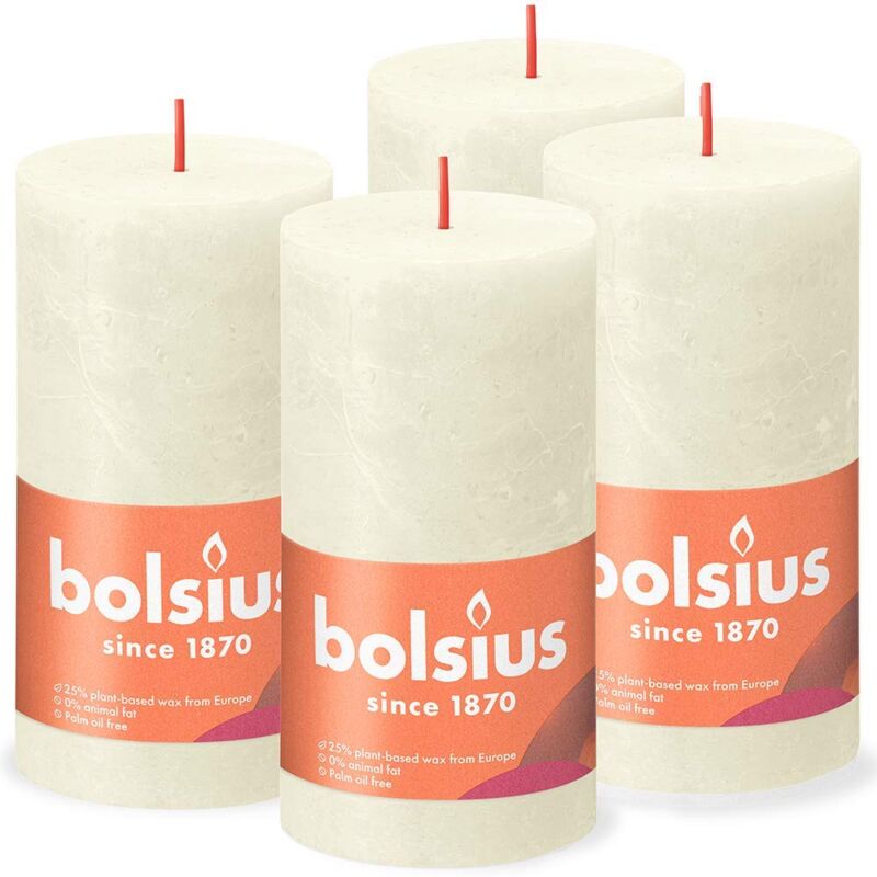 foto del prodotto bolsius confezione da 4 candele rustiche a colonna color avorio lunga durata di 60 ore decorazione per interni non profumate cera vegana