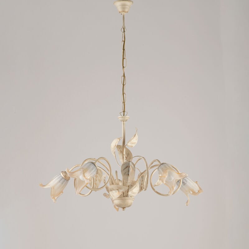 foto del prodotto bonetti illumina lampadario classico 5luci foglie in ferro battuto vetro avorio oro serie limone