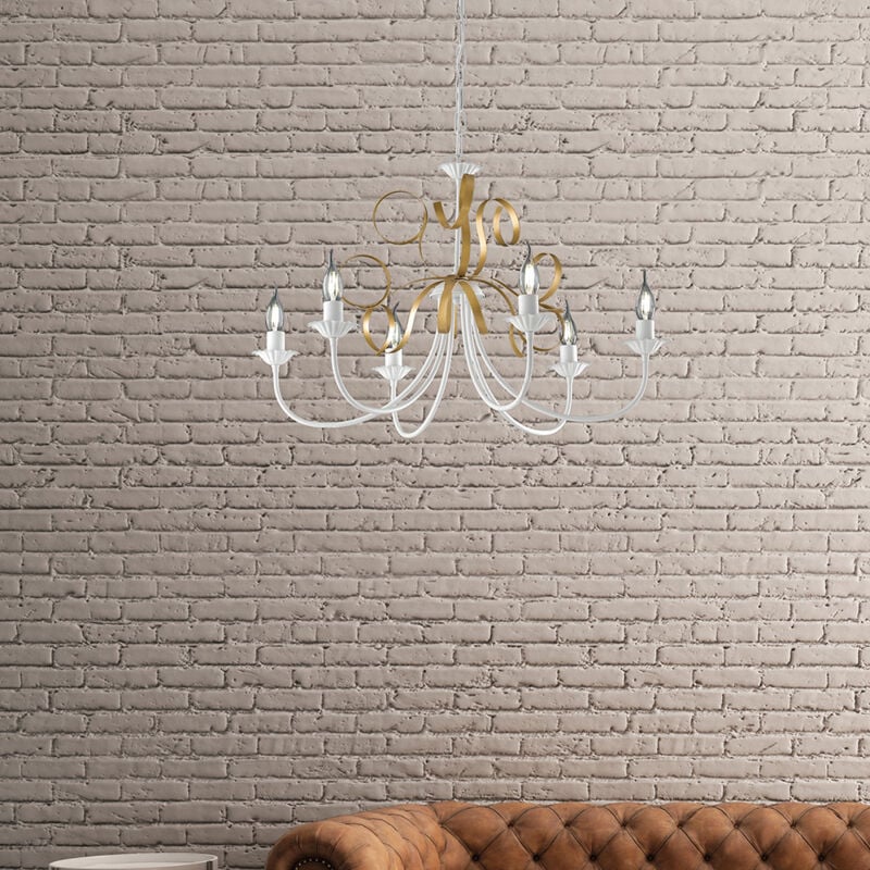 foto del prodotto bonetti illumina lampadario classico 6 luci ferro battuto bianco e oro serie bandolo